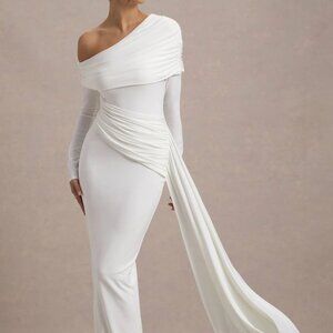 Club L London - Valina - White Ruched Asymmetric Maxi Dress With Drape